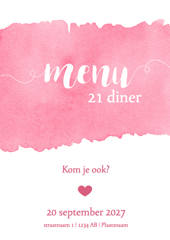 Menukaart 21 diner waterverf roze - DH - Uitnodigingen Uitnodigingen - Menukaart 21 diner waterverf roze - DH