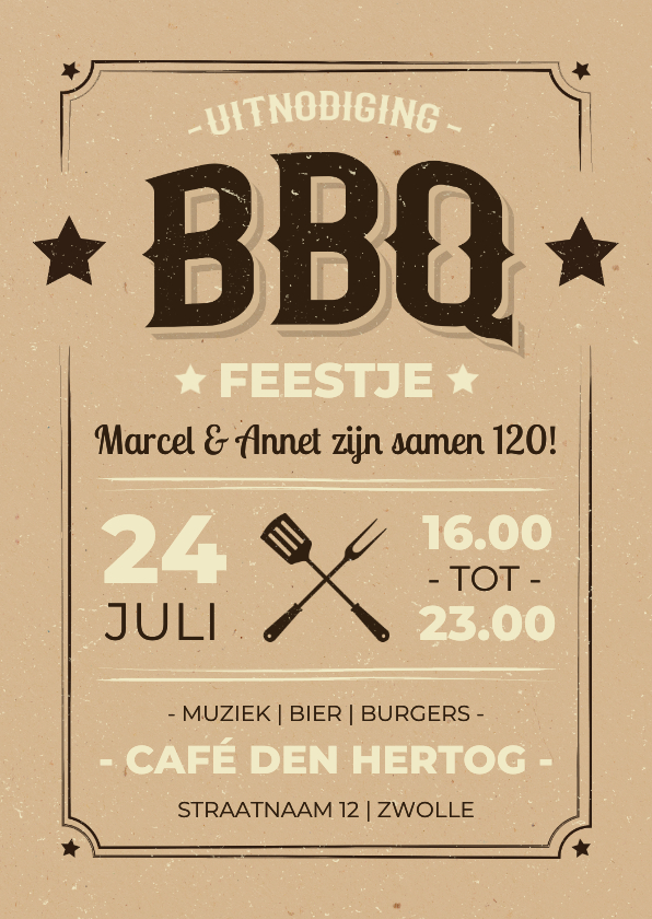 Uitnodigingen - Moderne uitnodiging BBQ feestje kraft vintage stijl