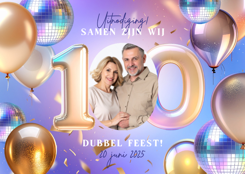 Moderne uitnodiging dubbel feest samen 100 ballonnen disco - Uitnodigingen Uitnodigingen - Moderne uitnodiging dubbel feest samen 100 ballonnen disco
