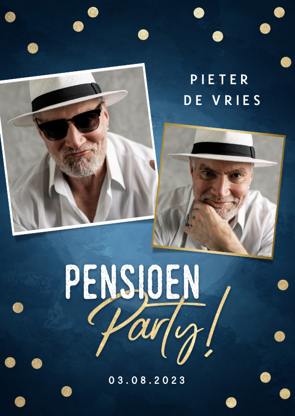 Uitnodigingen - Moderne uitnodiging pensioen party gouden confetti & foto's