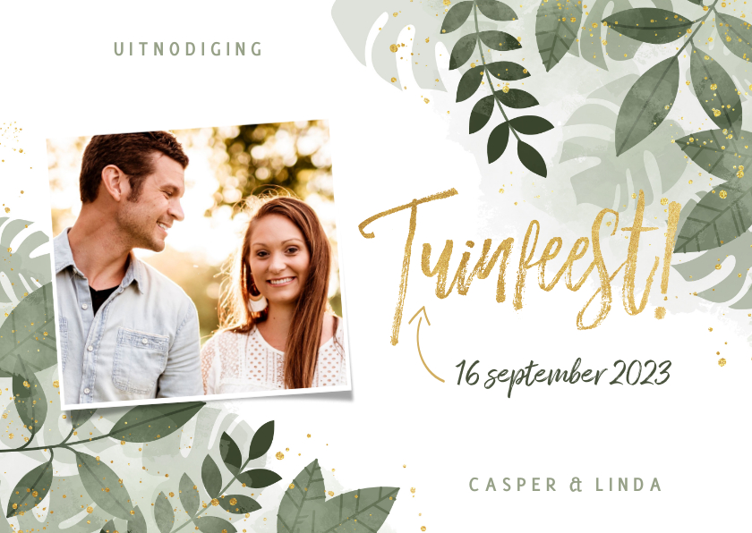 Moderne uitnodiging tuinfeest planten en gouden typografie - Uitnodigingen Uitnodigingen - Moderne uitnodiging tuinfeest planten en gouden typografie