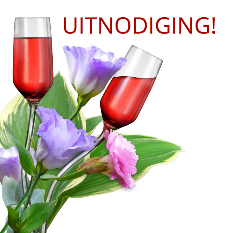 Mooie uitnodiging met gebogen glazen tussen bloemen - Uitnodigingen Uitnodigingen - Mooie uitnodiging met gebogen glazen tussen bloemen