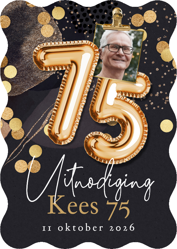 Originele uitnodiging verjaardag 75jaar cijferballon goud - Uitnodigingen Uitnodigingen - Originele uitnodiging verjaardag 75jaar cijferballon goud