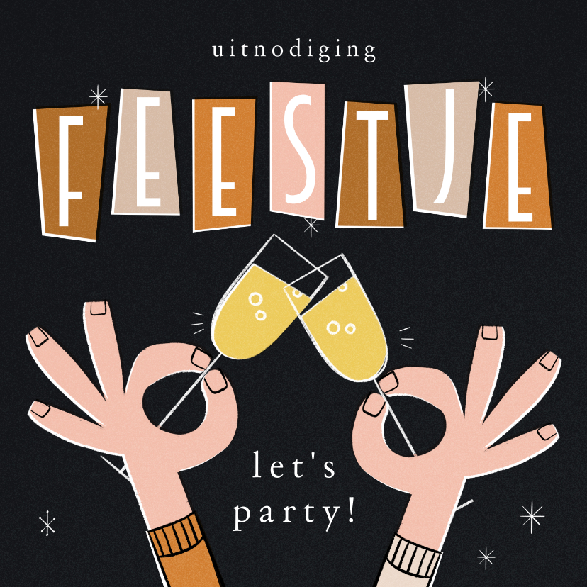 Uitnodigingen - Retro uitnodiging feestje met twee handen die proosten