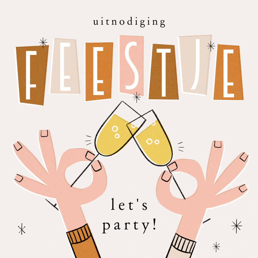 Uitnodigingen - Retro uitnodiging feestje twee handen die proosten
