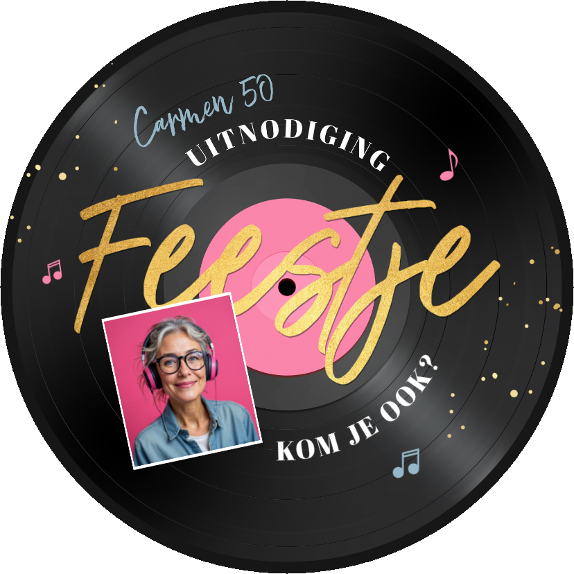 Ronde kaart LP plaat muziek vinyl feestje vrouw 50 - Uitnodigingen Uitnodigingen - Ronde kaart LP plaat muziek vinyl feestje vrouw 50