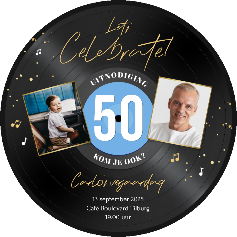 Ronde kaart LP vorm uitnodiging 50 jaar muziek feestje - Uitnodigingen Uitnodigingen - Ronde kaart LP vorm uitnodiging 50 jaar muziek feestje
