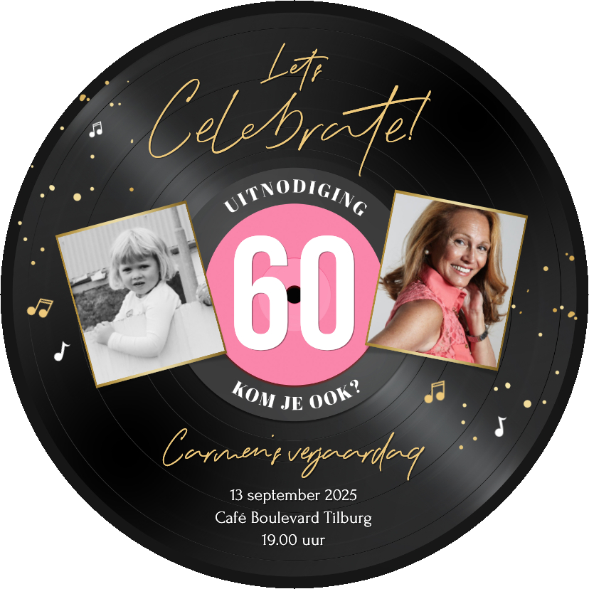 Uitnodigingen - Ronde kaart roze LP vorm uitnodiging 60 jaar muziek feestje 