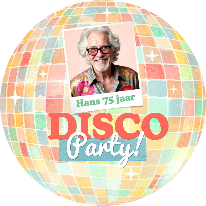 Uitnodigingen - Ronde kaart vorm discobal kleurrijk disco feestje foto