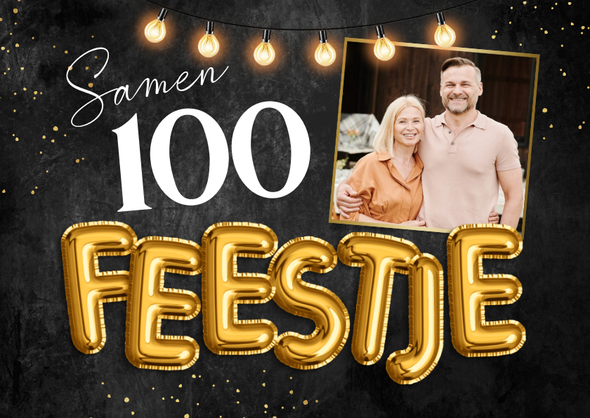 Uitnodigingen - Samen 100 feestje uitnodiging goud folieballon lampjes foto