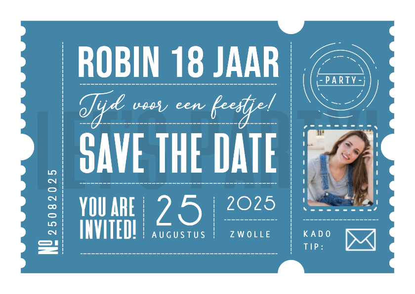 Save the date ticket modern grafisch verjaardag feestje foto - Uitnodigingen Uitnodigingen - Save the date ticket modern grafisch verjaardag feestje foto