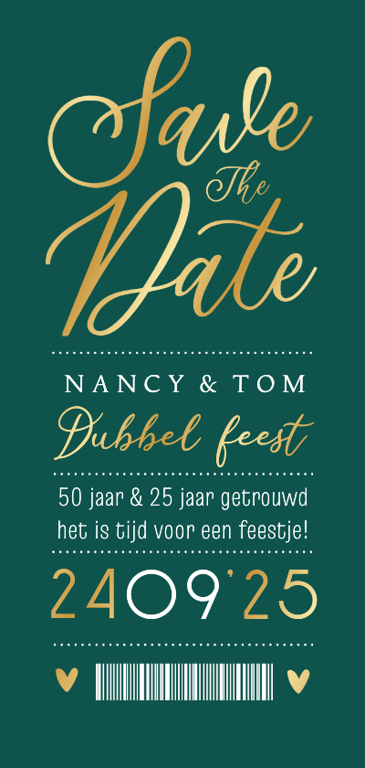 Save the date uitnodiging ticket dubbel feest goud - Uitnodigingen Uitnodigingen - Save the date uitnodiging ticket dubbel feest goud