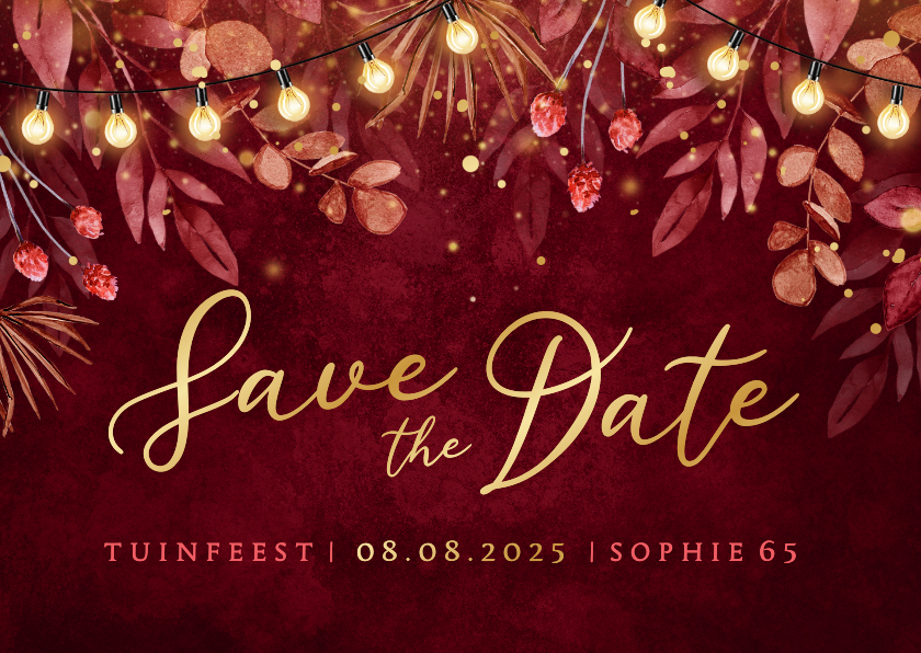 Save the date uitnodiging tuinfeest lampjes rood goud - Uitnodigingen Uitnodigingen - Save the date uitnodiging tuinfeest lampjes rood goud