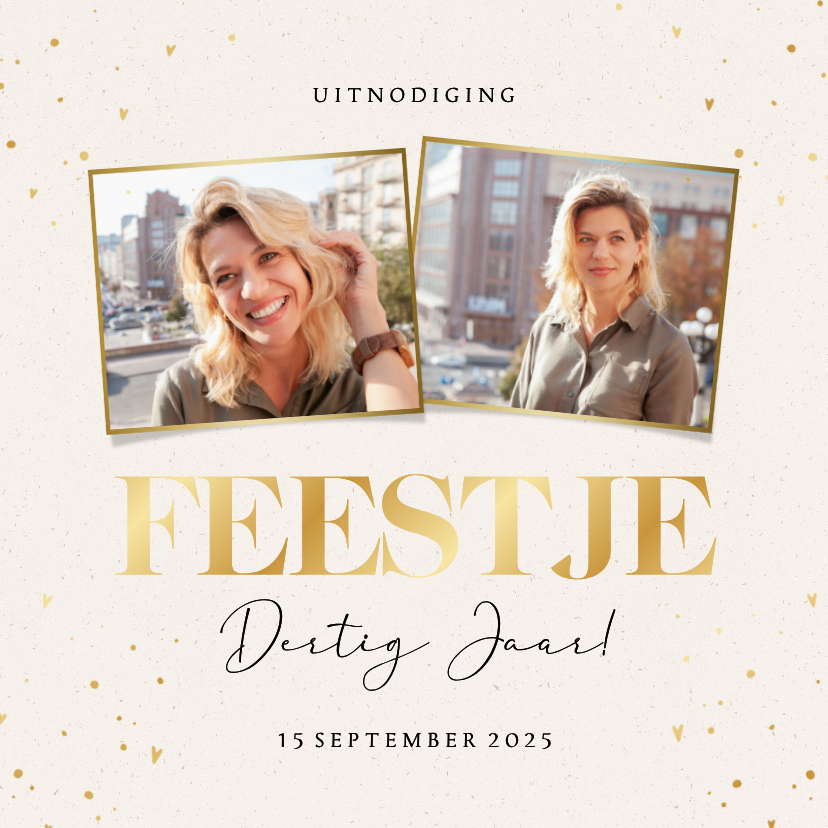 Stijlvolle beige uitnodiging verjaardag feestje met foto's - Uitnodigingen Uitnodigingen - Stijlvolle beige uitnodiging verjaardag feestje met foto's