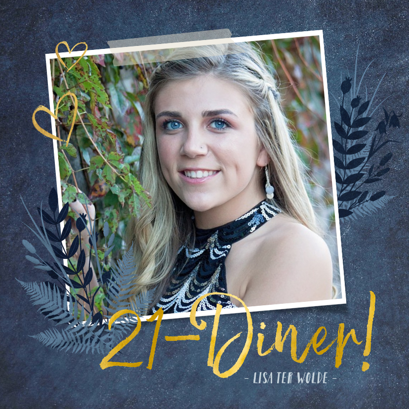 Uitnodigingen - Stijlvolle botanische 21-diner uitnodigingskaart donkerblauw