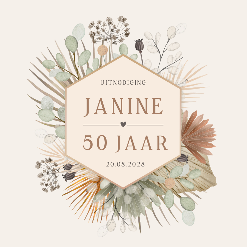 Uitnodigingen - Stijlvolle botanische uitnodiging verjaardag droogbloemen