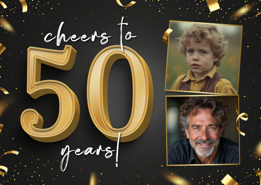 Uitnodigingen - Stijlvolle uitnodiging 2 foto's goud cheers to 50 years 