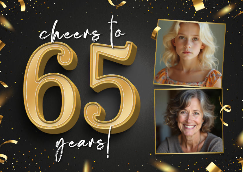 Uitnodigingen - Stijlvolle uitnodiging goud cheers to 65 years met foto's