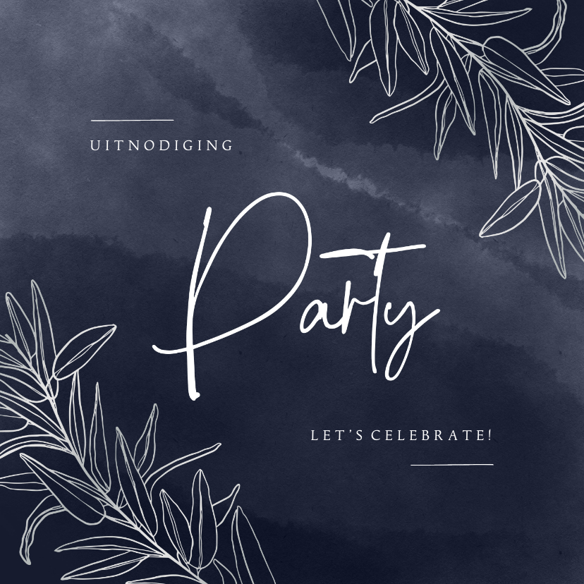 Uitnodigingen - Stijlvolle uitnodiging party blauwe waterverf en bladeren