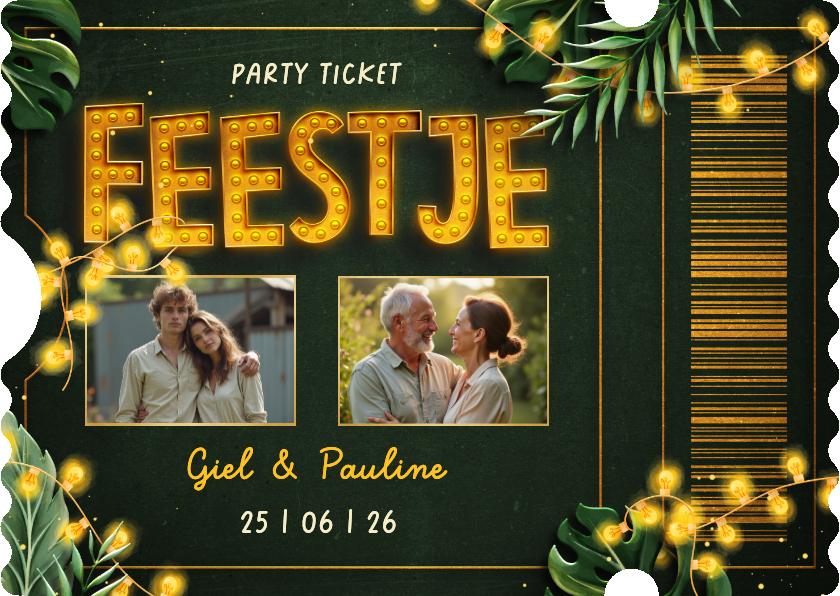 Uitnodigingen - Ticket uitnodiging feestje botanisch met foto's en lampjes