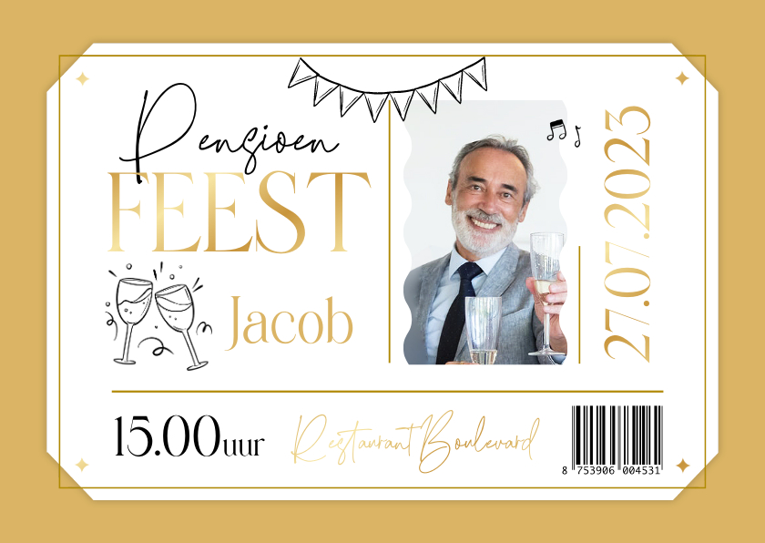 Uitnodigingen - Ticket uitnodiging pensioen foto goud champagne slingers