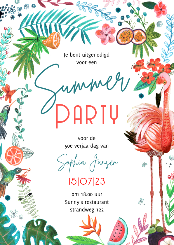 Uitnodigingen - Tropisch zomers tuinfeest met bloemen en flamingo