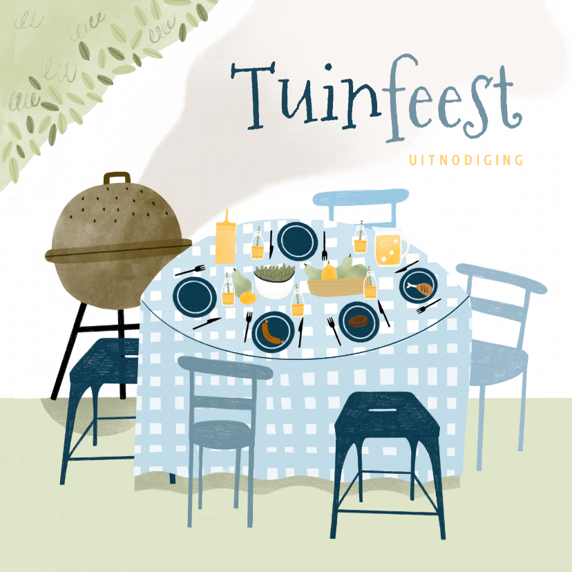 Uitnodigingen - Tuinfeest bbq uitnodiging illustratie tafel buiten blauw