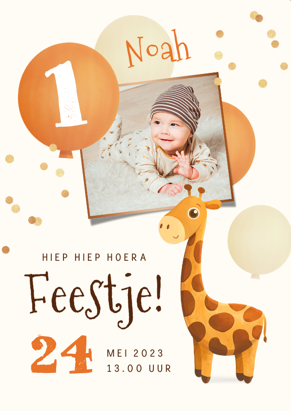 Uitnodigingen - Uitnodiging 1 jaar giraf ballonnen confetti foto 