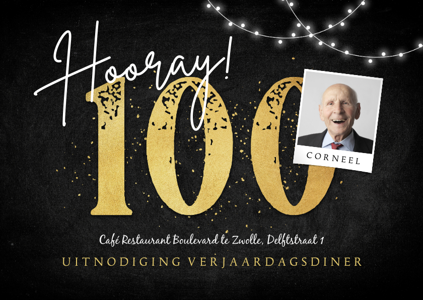 Uitnodigingen - Uitnodiging 100 jaar goud foto slingers