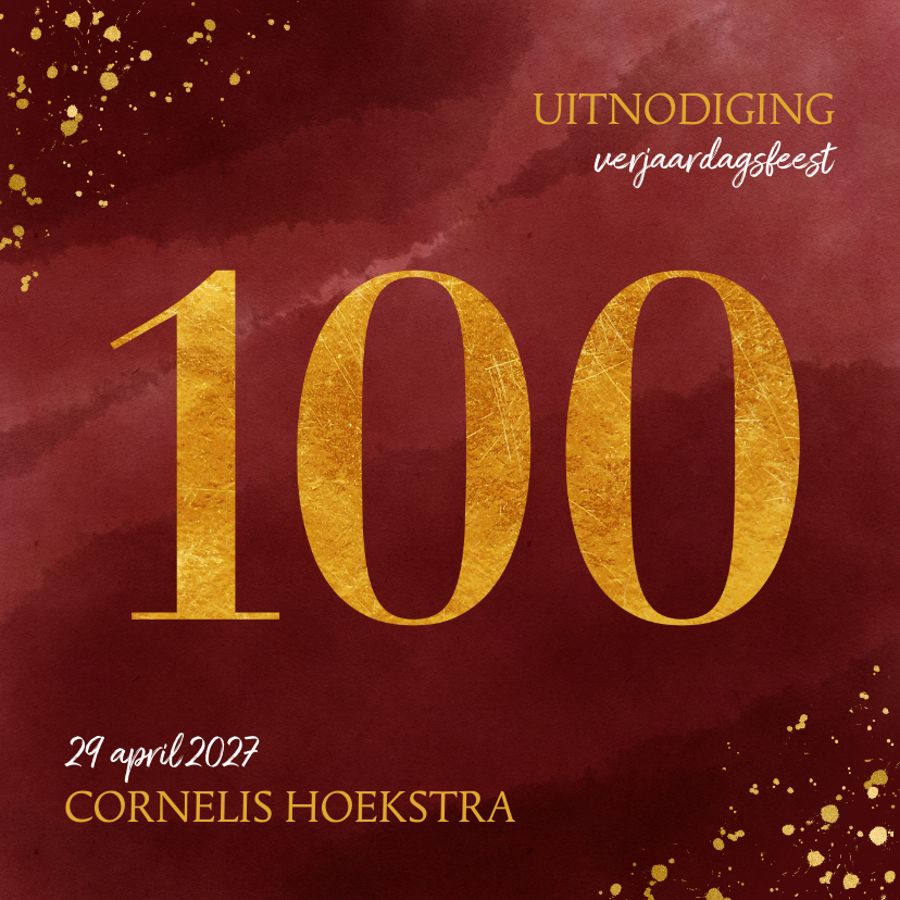 Uitnodigingen - Uitnodiging 100 jaar gouden spetters op waterverf