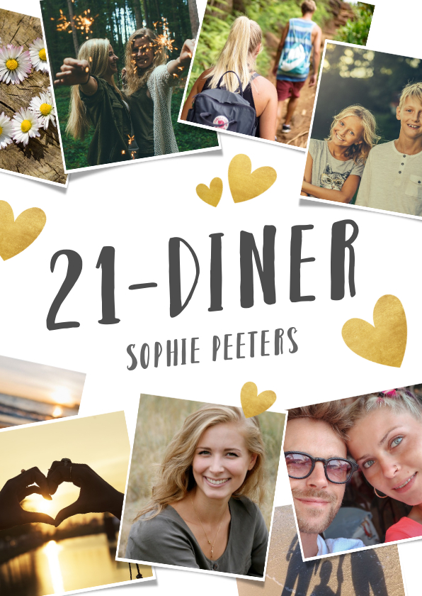 Uitnodigingen - Uitnodiging 21-diner fotocollage met gouden hartjes