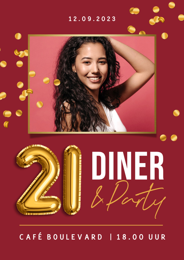 Uitnodigingen - Uitnodiging 21 diner hip modern confetti goud foto