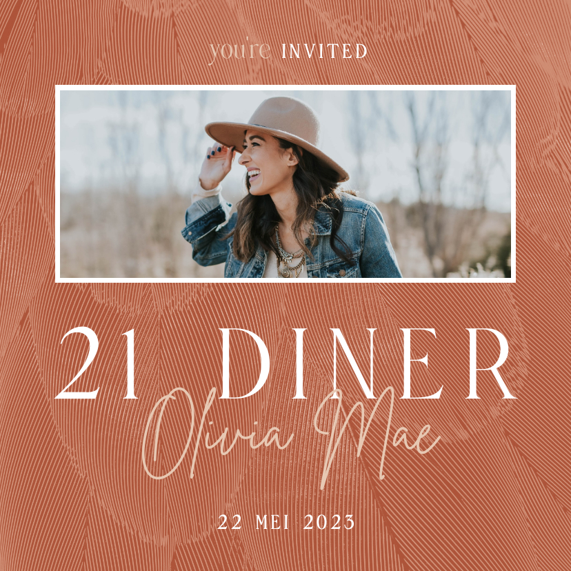 Uitnodigingen - Uitnodiging 21 diner met foto en veren stijlvol