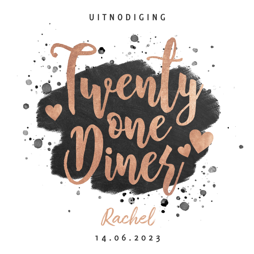 Uitnodiging 21 diner met zwarte verf en gouden typografie - Uitnodigingen Uitnodigingen - Uitnodiging 21 diner met zwarte verf en gouden typografie