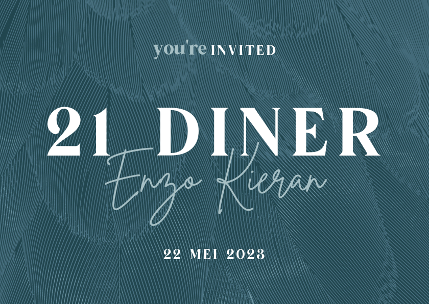 Uitnodigingen - Uitnodiging 21 diner stijlvol blauw met veren