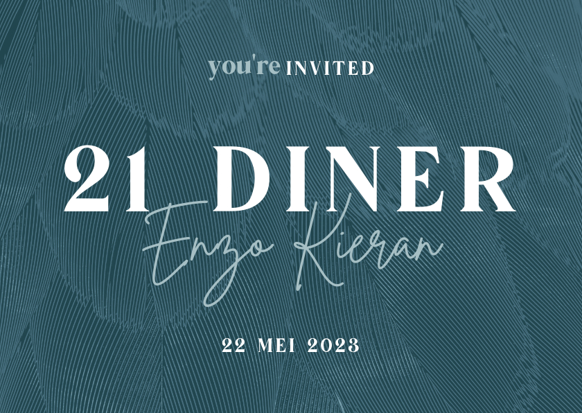 Uitnodiging 21 diner stijlvol blauw met veren - Uitnodigingen Uitnodigingen - Uitnodiging 21 diner stijlvol blauw met veren