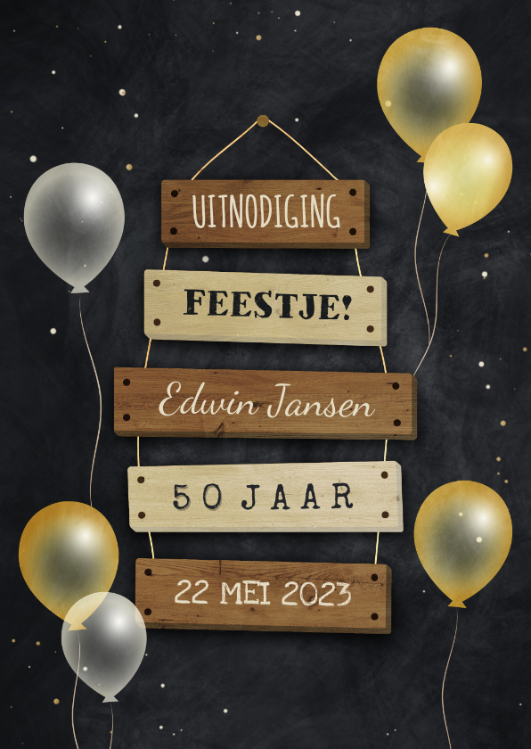 Uitnodigingen - Uitnodiging 50 jaar bordjes met feestelijke ballonnen