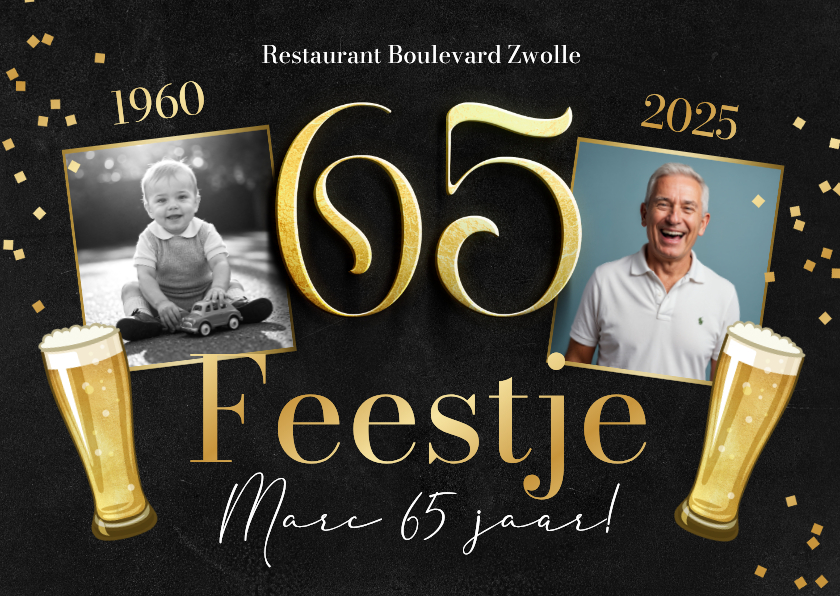Uitnodiging 65 jaar man krijtbord bier confetti foto's goud - Uitnodigingen Uitnodigingen - Uitnodiging 65 jaar man krijtbord bier confetti foto's goud