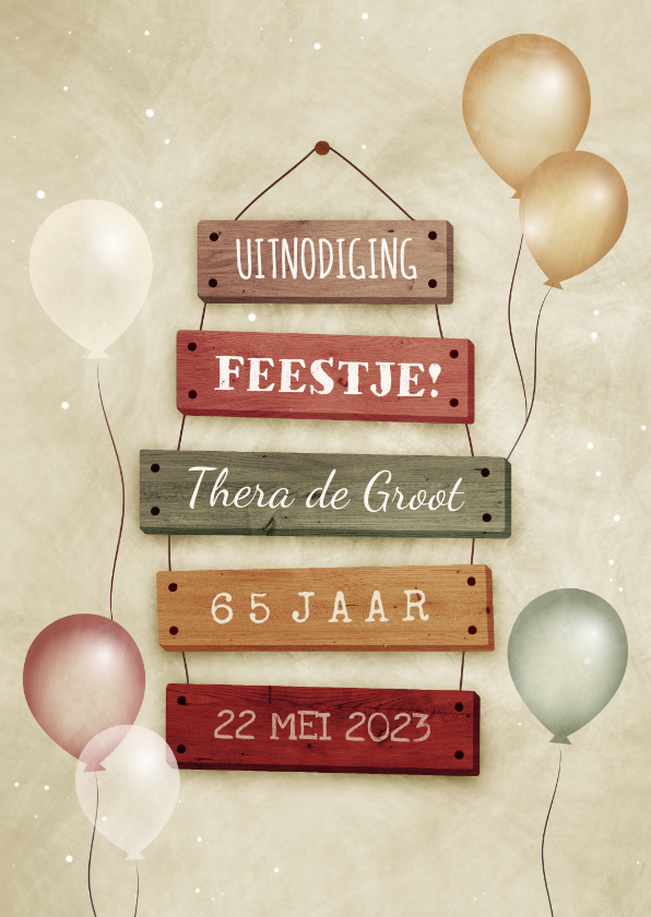 Uitnodiging 65 jaar met feestelijke ballonnen bordjes - Uitnodigingen Uitnodigingen - Uitnodiging 65 jaar met feestelijke ballonnen bordjes