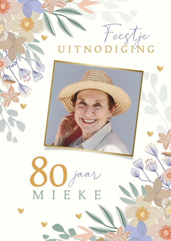 Uitnodigingen - Uitnodiging 80 jaar bloemen en hartjes