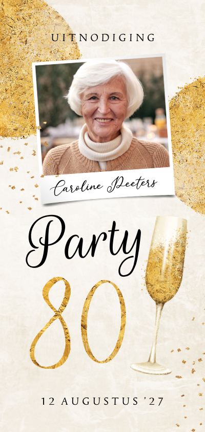Uitnodigingen - Uitnodiging 80 jaar goud stijlvol champagne foto vintage