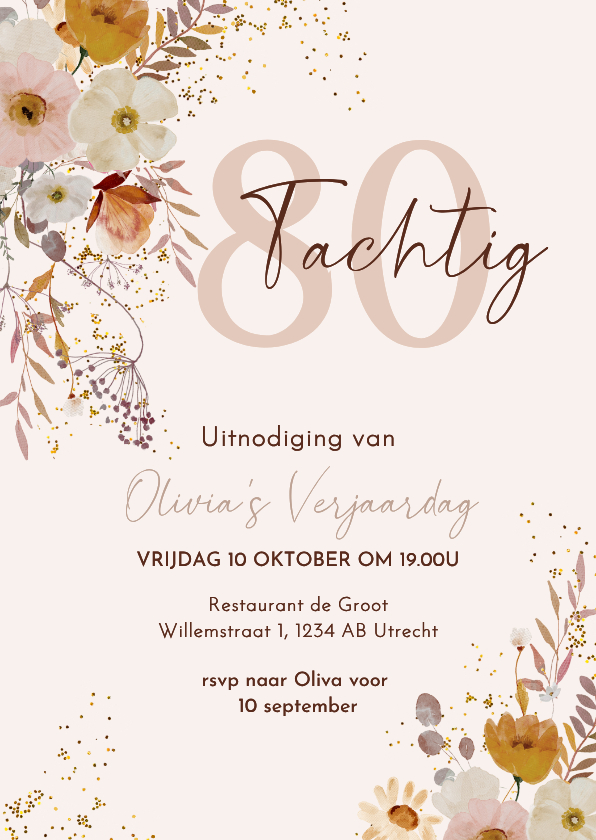 Uitnodiging 80 jaar herfstbloemen met takjes - Uitnodigingen Uitnodigingen - Uitnodiging 80 jaar herfstbloemen met takjes