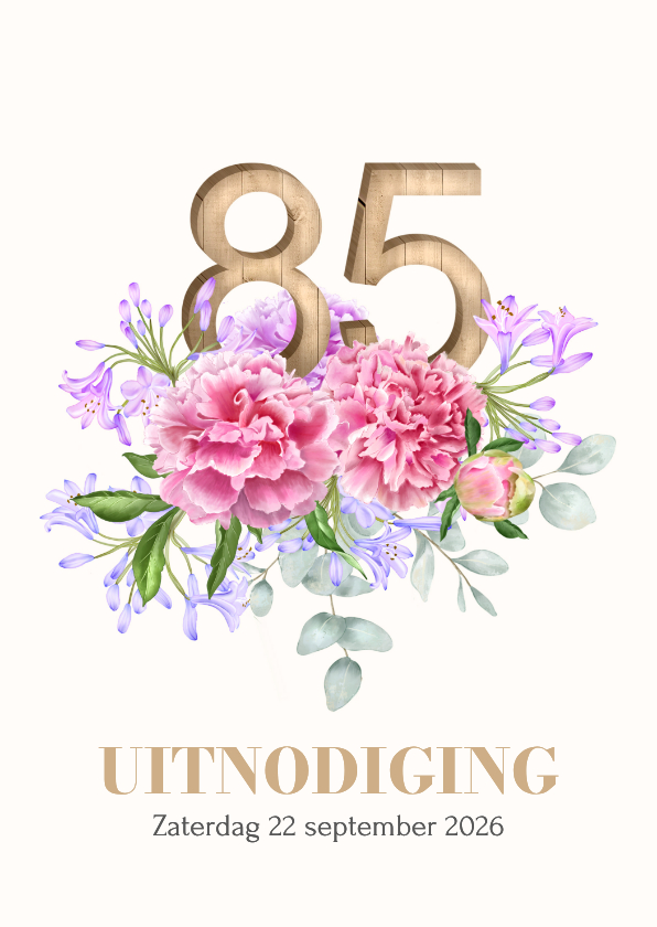 Uitnodiging 85 in hout met bloemen - Uitnodigingen Uitnodigingen - Uitnodiging 85 in hout met bloemen