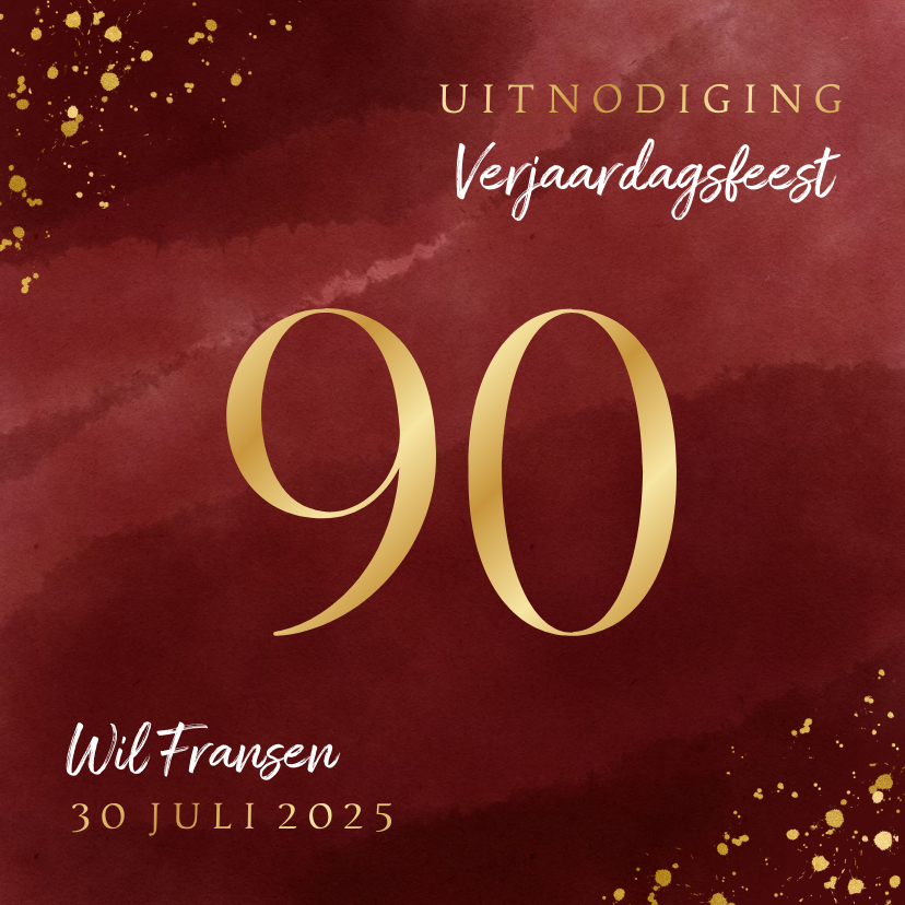 Uitnodigingen - Uitnodiging 90 jaar gouden spetters op waterverf