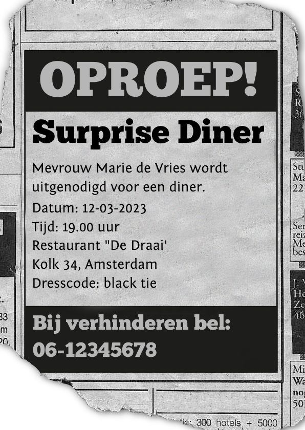 Uitnodigingen - uitnodiging - advertentie Surprise Diner