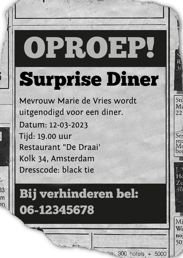 Betere uitnodiging- advertentie Surprise Diner | Kaartje2go SZ-27