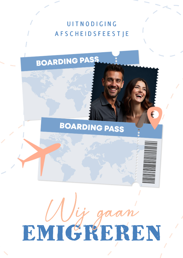Uitnodiging afscheidsfeestje emigratie vliegticket en foto - Uitnodigingen Uitnodigingen - Uitnodiging afscheidsfeestje emigratie vliegticket en foto