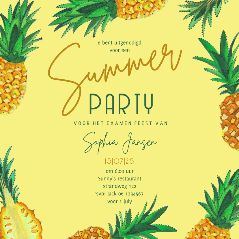 Uitnodigingen - Uitnodiging Ananas trendy geel