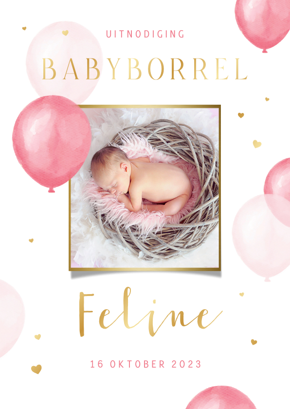 Uitnodigingen - Uitnodiging babyborrel kraamfeest ballonnen hartjes foto