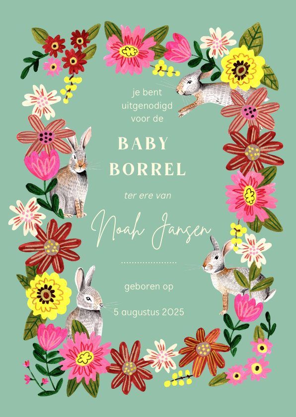 Uitnodigingen - Uitnodiging babyborrel lief konijn en bloemen